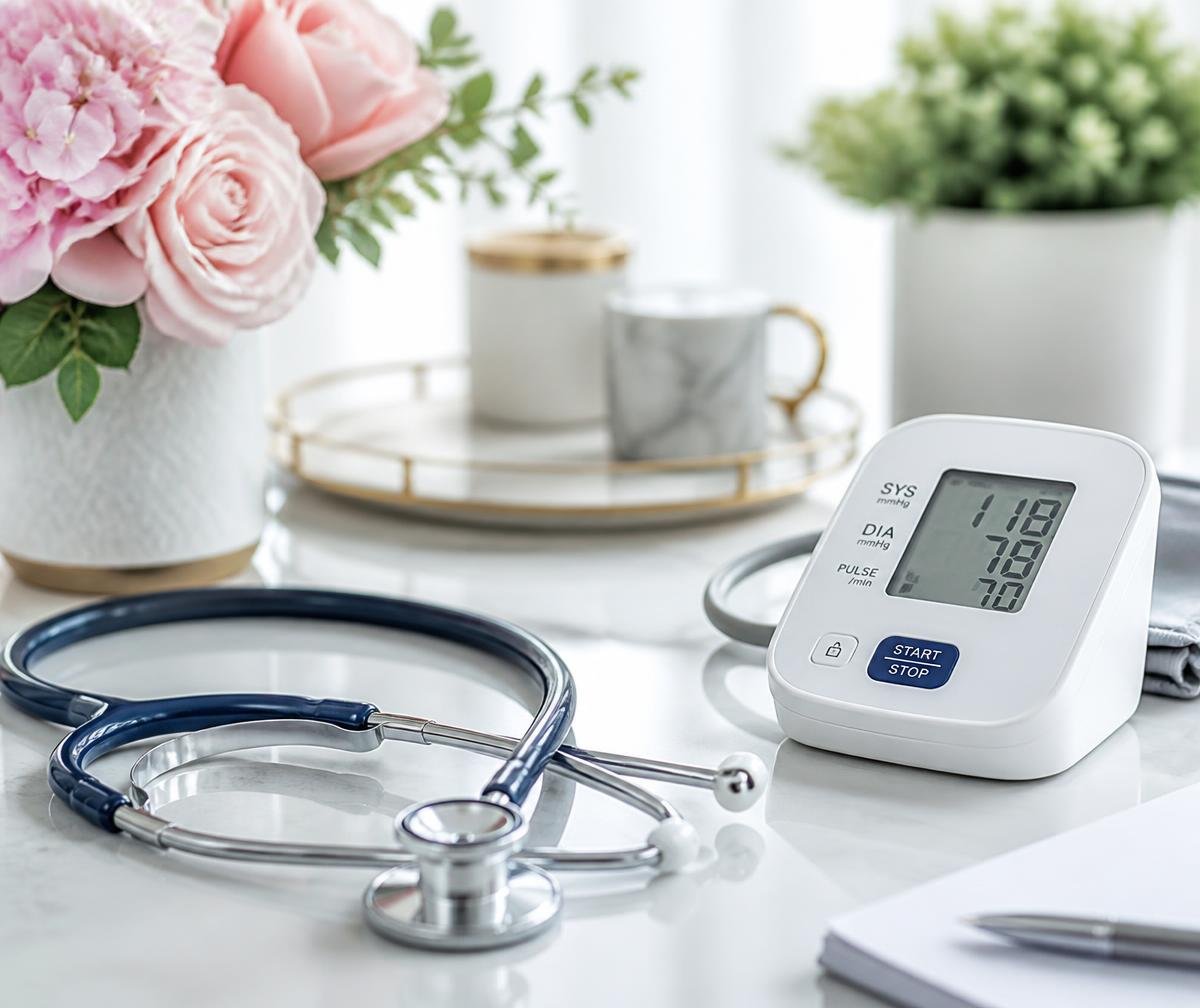 Stethoscope, blood pressure monitor and soft pink flowers on a clean clinic desk